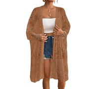 Qianderer Kimono da donna in pizzo copricostume estivo da spiaggia con maniche a 3/4 aperto sul davanti, in rete velata, cardigan kimono all'uncinetto, Caffè Ba, Etichettalia unica