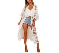 Qianderer Kimono da donna in pizzo copricostume estivo da spiaggia con maniche a 3/4 aperto sul davanti, in rete velata, cardigan kimono all'uncinetto, Bianco Sib, Etichettalia unica