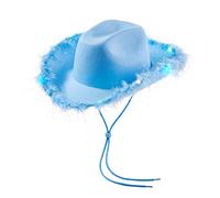 Qianderer Light Up Cowboy Cappelli da donna Fluffy Feather Brim LED Cowgirl Hat per addio al nubilato, feste in costume, gioco Dress Up (blu), 32*42*18cm