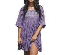 Qianderer Mini abito da donna con paillettes, a maniche corte, casual, scintillante, a tunica, a più livelli, per feste, discoteca, discoteca, danza, Viola, M
