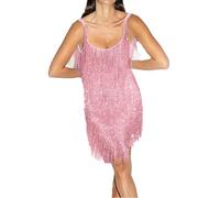 Qianderer Mini abito da donna con paillettes glitterate, frange a strati, profondo scollo a V, schiena scoperta, senza maniche, con nappa, abito da discoteca, feste, ballo studentesco, scintillante,