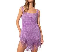 Qianderer Mini abito da donna con paillettes glitterate, frange a strati, profondo scollo a V, schiena scoperta, senza maniche, con nappa, abito da discoteca, feste, ballo studentesco, scintillante,