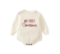 Qianderer My First Christmas Baby Natale Maglione Pagliaccetto Lettera Ricamato Manica Lunga Oversize Bubble Pagliaccetto Tutina Autunno Inverno Vestiti, Bc Bianco, 6-9 Months