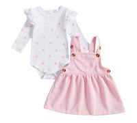 Qianderer My First Valentine's Day Baby Girl Outfit Ruffle Manica Lunga Pagliaccetto Generale Bretella Gonna Carino Appena Nato Vestiti, Rosa Sib, 0-3 Months
