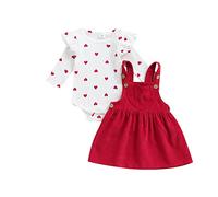 Qianderer My First Valentine's Day Baby Girl Outfit Ruffle Manica Lunga Pagliaccetto Generale Bretella Gonna Carino Appena Nato Vestiti, Ba Rosso 1, 3-6 Months