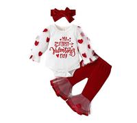 Qianderer My First Valentines Day Toddler Baby Girl Outfit Cuore Stampa Manica Lunga Pagliaccetto e Pantaloni Flare Bow Fascia Abbigliamento Infantile, Ba Bianco, 12-18 Months
