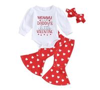 Qianderer My First Valentines Day Toddler Baby Girl Outfit Cuore Stampa Manica Lunga Pagliaccetto e Pantaloni Flare Bow Fascia Abbigliamento Infantile, Rosso Sib, 0-3 Months