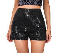 Qianderer Pantaloncini da donna con paillettes ad alta elastico in vita scintillante gamba dritta pantaloncini solidi glitter scintillanti party hot shorts per festa, Nero , XL