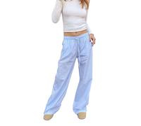Qianderer Pantaloni da donna dritti a gamba larga con stampa a righe lettera coulisse elastico in vita Y2K Lounge Pants, Ba Blu, M