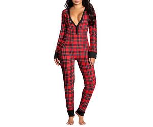 Qianderer Pigiama intero da donna, lungo, con bottoni sul retro, con patta sexy, scollo a V, pagliaccetto aderente, Plaid Rosso Sib, M