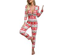 Qianderer Pigiama natalizio da donna, tuta intera, a maniche lunghe, con bottoni, abbigliamento da notte, Ca Rosso Bianco, L