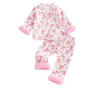 Qianderer Pigiama natalizio in raso di seta con bottoni, set da 2 pezzi, pigiama a maniche lunghe, top e pantaloni, camicia da notte, Ca Rosa, 2-3 Years