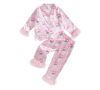 Qianderer Pigiama natalizio in raso di seta con bottoni, set da 2 pezzi, pigiama a maniche lunghe, top e pantaloni, camicia da notte, Rosa Ba, 8-9 Years
