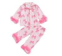 Qianderer Pigiama natalizio in raso di seta con bottoni, set da 2 pezzi, pigiama a maniche lunghe, top e pantaloni, camicia da notte, Cb Rosa, 6-7 Years