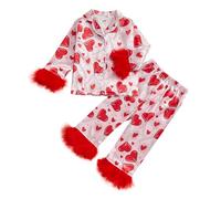 Qianderer Pigiama natalizio in raso di seta con bottoni, set da 2 pezzi, pigiama a maniche lunghe, top e pantaloni, camicia da notte, Cd Rosso, 12-24 Months