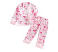 Qianderer Pigiama natalizio in raso di seta con bottoni, set da 2 pezzi, pigiama a maniche lunghe, top e pantaloni, camicia da notte, Cc Rosa, 5-6 Years