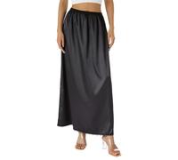 Qianderer Sottogonna lunga da donna in raso, tinta unita, sottoveste lunga, sottoveste per sotto abiti, lingerie, gonne, Ba Nero, M