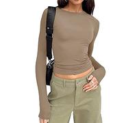 Qianderer Top da donna Y2k a maniche lunghe Skim Dupe crop top girocollo per uscire slim fit t-shirt di base estetica streetwear, Caffè Ba, M