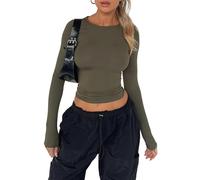 Qianderer Top da donna Y2k a maniche lunghe Skim Dupe crop top girocollo per uscire slim fit t-shirt di base estetica streetwear, Ba Verde Militare, S