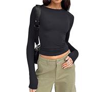 Qianderer Top da donna Y2k a maniche lunghe Skim Dupe crop top girocollo per uscire slim fit t-shirt di base estetica streetwear, Ba Nero, L