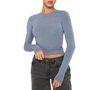 Qianderer Top da donna Y2k a maniche lunghe Skim Dupe crop top girocollo per uscire slim fit t-shirt di base estetica streetwear, Ba Azzurro, S
