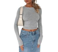 Qianderer Top da donna Y2k a maniche lunghe Skim Dupe crop top girocollo per uscire slim fit t-shirt di base estetica streetwear, Ba Grigio Chiaro, S