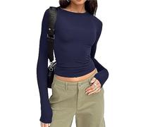 Qianderer Top da donna Y2k a maniche lunghe Skim Dupe crop top girocollo per uscire slim fit t-shirt di base estetica streetwear, Ba Navy, S