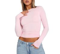 Qianderer Top da donna Y2k a maniche lunghe Skim Dupe crop top girocollo per uscire slim fit t-shirt di base estetica streetwear, Rosa Ba, L