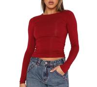 Qianderer Top da donna Y2k a maniche lunghe Skim Dupe crop top girocollo per uscire slim fit t-shirt di base estetica streetwear, Ba Rosso, S