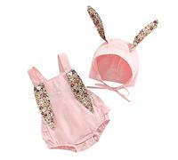 Qianderer, tutina per neonati e bambini, senza maniche, con orecchie e coda da coniglio e cappellino con stampa cartoon, 2 pezzi, rosa, 1 mese