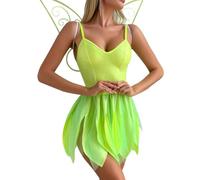 Qianderer Vestito da donna verde, mini vestito con paillettes e campana, vestito per cosplay, Halloween con ali (Ca, verde, L)