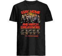 QIANHANTANG Stay Home And Watch Chicago Fire Signatures Cute Funny Cool Unisex 100% Cotton Short-Sleeve T-Shirts Black XL