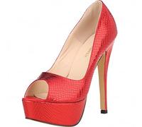 QIANKUN Scarpe da donna con tacco alto, alla moda, sexy, punta aperta, plateau, motivo coccodrillo, abiti da festa, scarpe da sposa, rosso, 36