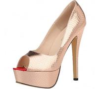 QIANKUN Scarpe da donna con tacco alto, alla moda, sexy, punta aperta, plateau, motivo coccodrillo, abiti da festa, scarpe da sposa, rame, 35