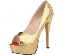 QIANKUN Scarpe da donna con tacco alto, alla moda, sexy, punta aperta, plateau, motivo coccodrillo, per feste, matrimoni, colore oro, 37