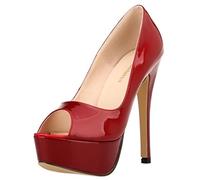 QIANKUN Sexy Open Toe Platform Donne Tacchi Alti Super High Patent Leather Scarpe Tacchi Alti Rosso Da Sposa Stilettos-Vino rosso, 36