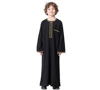 Qianliniuinc Abito Islamico da Ragazzo con Collo Rotondo - Thobe Musulmano a Maniche Lunghe per Giovani Veste Araba Ricamata con Tasche, nero, 15