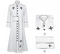 Qianly Costume da Religioso con Croci Ricamate Veste da Prete Colletto alla Orientale Abito da Sacerdote Cosplay per Cosplayer, Uomini, Halloween, Bianco, L