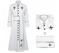 Qianly Costume da Religioso con Croci Ricamate Veste da Prete Colletto alla Orientale Abito da Sacerdote Cosplay per Cosplayer, Uomini, Halloween, Bianco, S