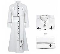 Qianly Costume da Religioso con Croci Ricamate Veste da Prete Colletto alla Orientale Abito da Sacerdote Cosplay per Cosplayer, Uomini, Halloween, Bianco, M