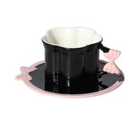 Qianly Tazza in Ceramica con piattino, Ideale per caffè e tè, Perfetta per Colazione e Feste, Nero Rosa