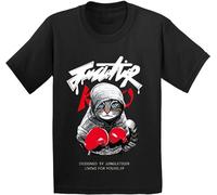 Qianqianzhi Men's 100% Cottonchildren Boxing Cat Attack Design Kids Fashiontops Men Casual Clothes Black T-Shirts Black L