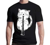 Qianqianzhi Men's Funny Cat Wearing Sunglasses Playing Oboe Music T Shirtvintage Slim Graphic Cotton Basic Customize Shirt Black T-Shirts Black S
