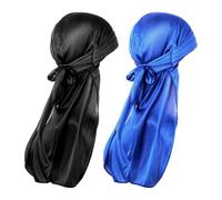 Qianyu 2 pezzi di design setoso coda lunga compressionn tessuto traspirante versatile largo per donne e uomini versatile nero raso Deluxe Durag 360 Wave Cap (nero, blu)