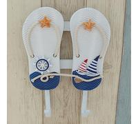 QIAOIDEA Gancio appendiabiti con cartello nautico da spiaggia, decorazione da parete, in legno blu e bianco, con design a stella marina e corda di iuta, ganci per appendere asciugamani da bagno