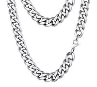 Qiaonitu Collana a barbazzale da 7 mm, 9 mm, 11 mm, unisex, catena in argento a fondo piatto, in acciaio inox, gioiello da motociclista, resistente, collana militare 45/50/56/61/66 cm, Metallo