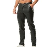 QiaTi Pantaloni da uomo in ecopelle, casual, elasticizzati, in PU, a gamba dritta, slim fit, per moto e discoteca, Nero , L