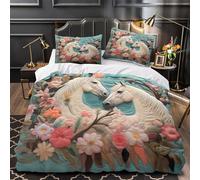 QIAVXZIP Arte dell'amore per i cavalli Impressione 3D 3 pz coperteletto Stile romantico floreale fodera per edredone microfibra ipoallergenica traspirante per ragazze donne adulti Single (135x200cm)