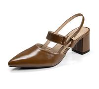 QiBusLeen Scarpe da donna con tacco a punta con cinturino e tacco grosso, scarpe da donna con punta chiusa da 5 cm, tacco basso, comode, da festa, senza lacci, décolleté, Marrone Pu, 37.5 EU