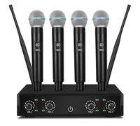 QiCheng&LYS Set microfono wireless Pro con ricevitore e 4 microfoni radio UHF, portata 200 m, microfono dinamico per canto, karaoke, chiesa, DJ (U-400)